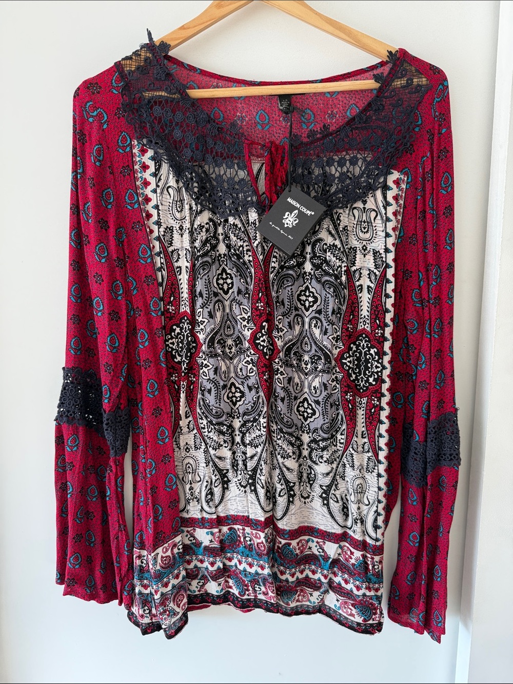 Paisley Lace-Trim Tunic Top in Deep Red